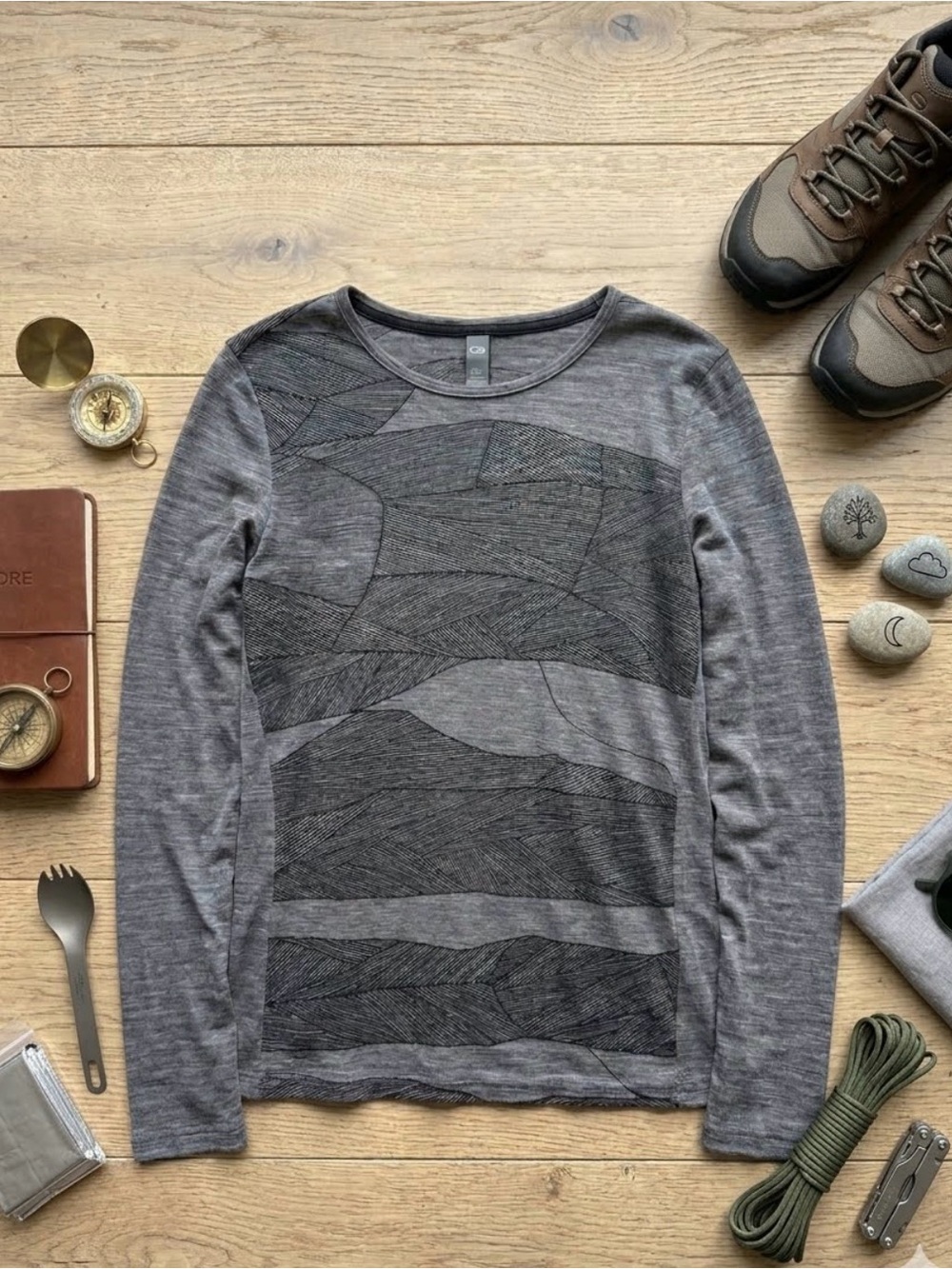 Icebreaker Womens Merino Wool Long Sleeve Graphic Crewneck Top Heathered Gray XL